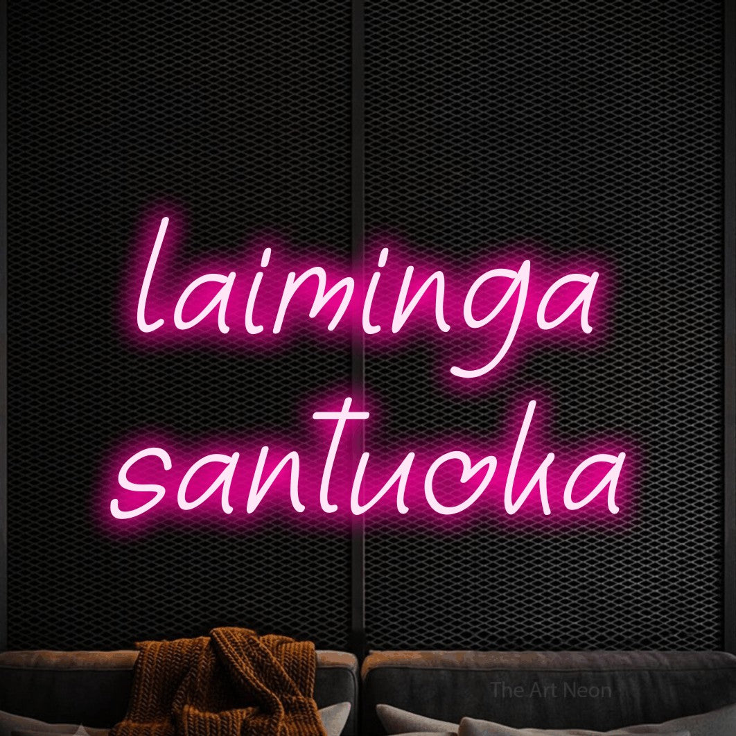 LED neon sign reading “laiminga santuoka”, arranged in two lines.