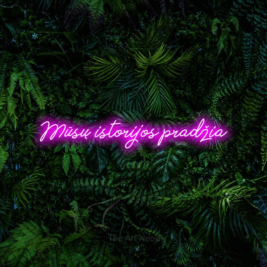 LED neon sign reading “Mūsų istorijos pradžia”, arranged in a single line.