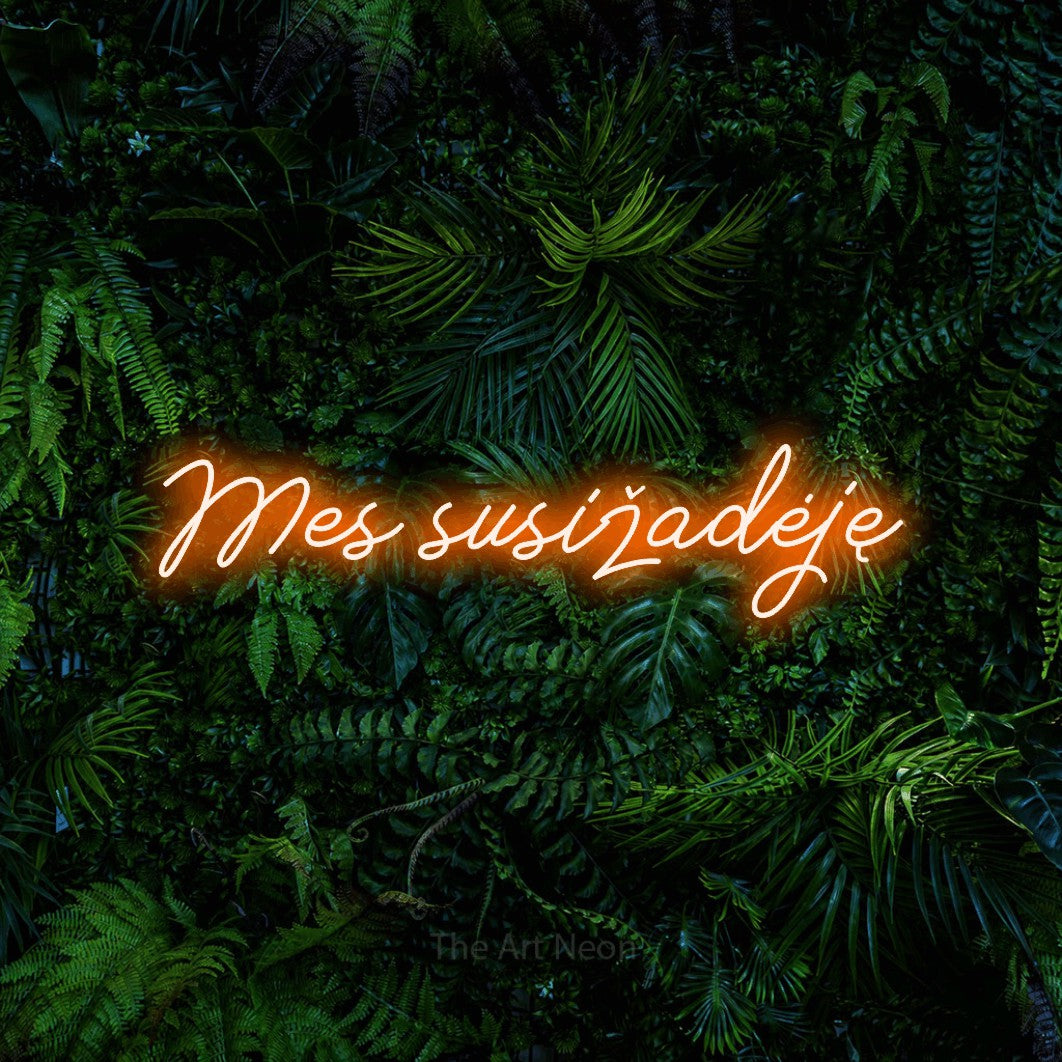 LED neon sign reading “Mes susižadėję”, arranged in a single line.