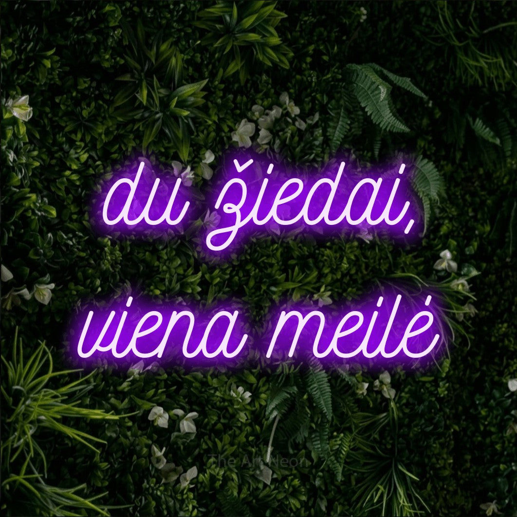 LED neon sign reading “du žiedai, viena meilė”, arranged in two lines.