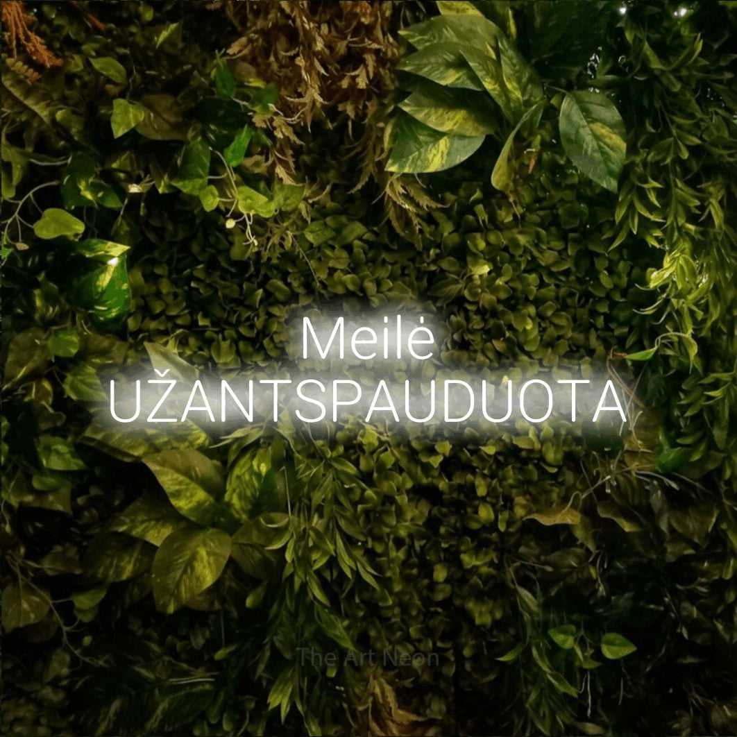 LED neon sign reading “Meilė UŽANTSPAUDUOTA”, arranged in two lines.
