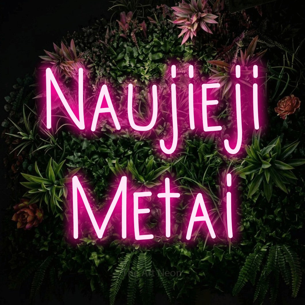 LED neon sign reading “Naujieji Metai”, arranged in two lines.