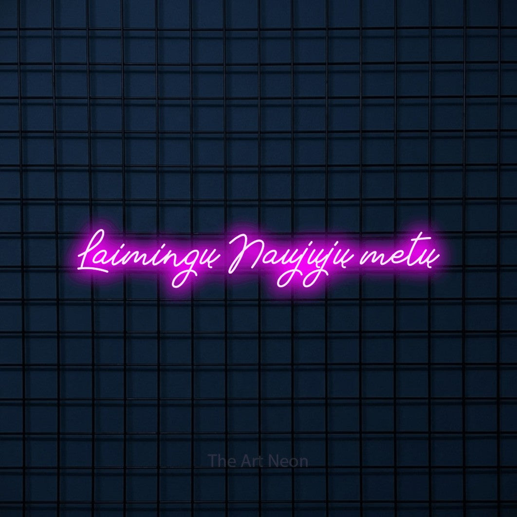 LED neon sign reading “Laimingų Naujųjų metų”, arranged in a single line.