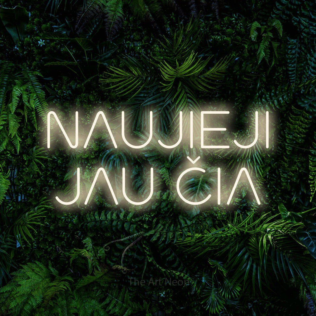 LED neon sign reading “NAUJIEJI JAU ČIA”, arranged in two lines.