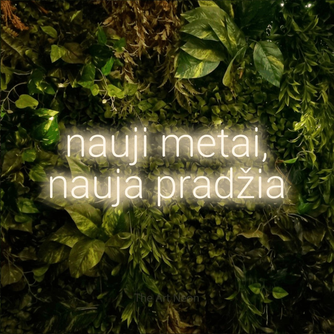 LED neon sign reading “nauji metai, nauja pradžia”, arranged in two lines.
