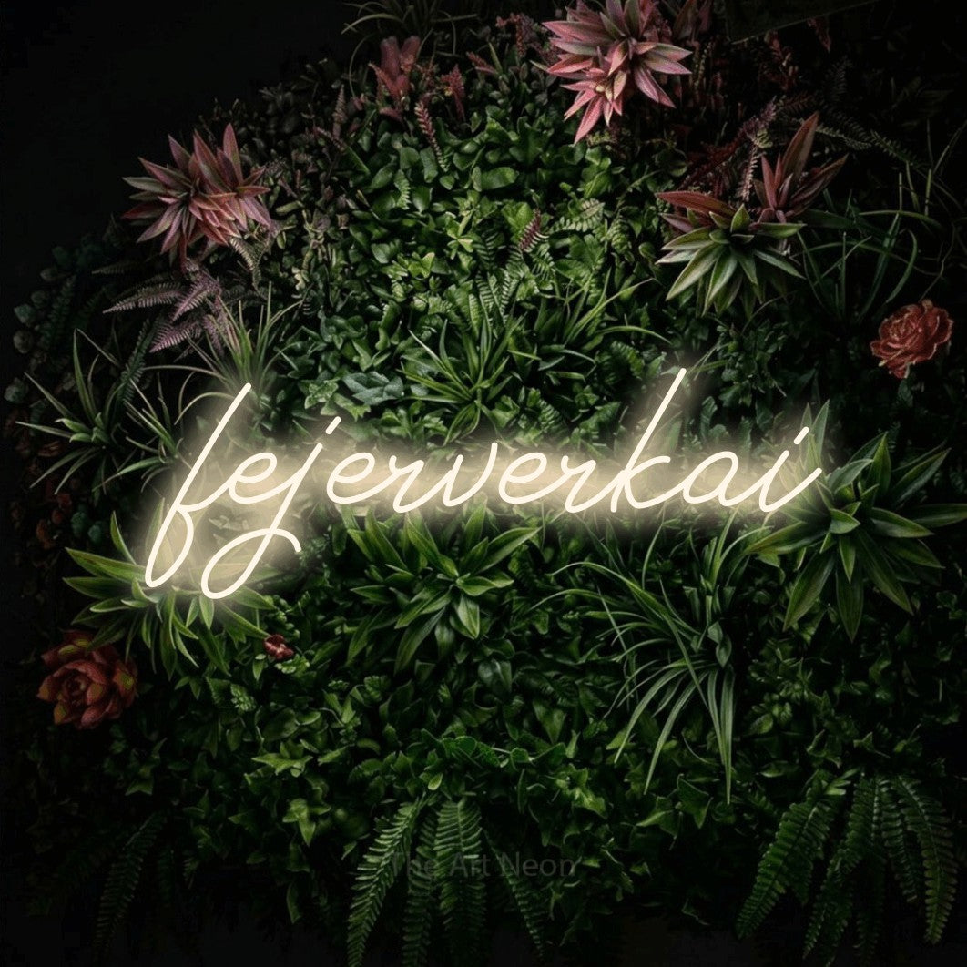 LED neon sign reading “fejerverkai”, arranged in a single line.