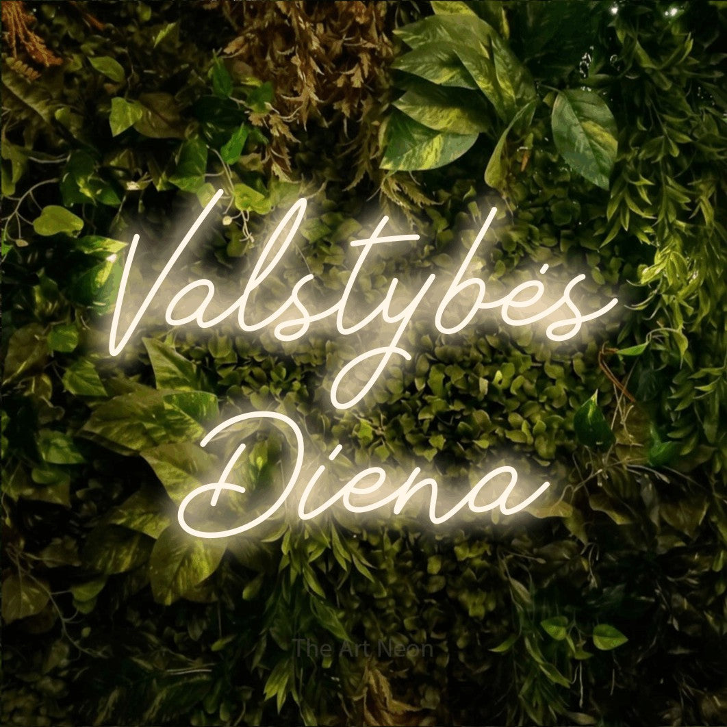 LED neon sign reading “Valstybės Diena”, arranged in two lines.