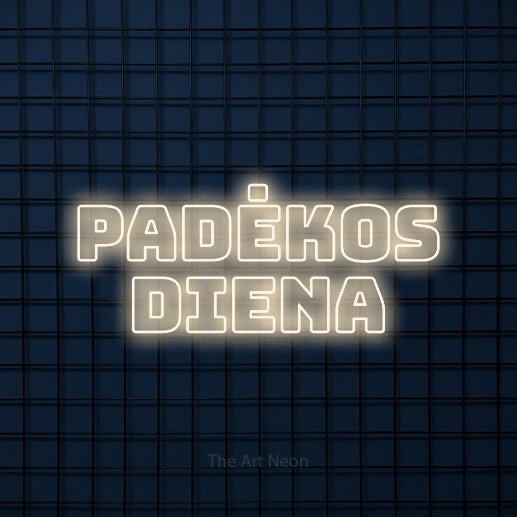 LED neon sign reading “Padėkos Diena”, arranged in two lines.