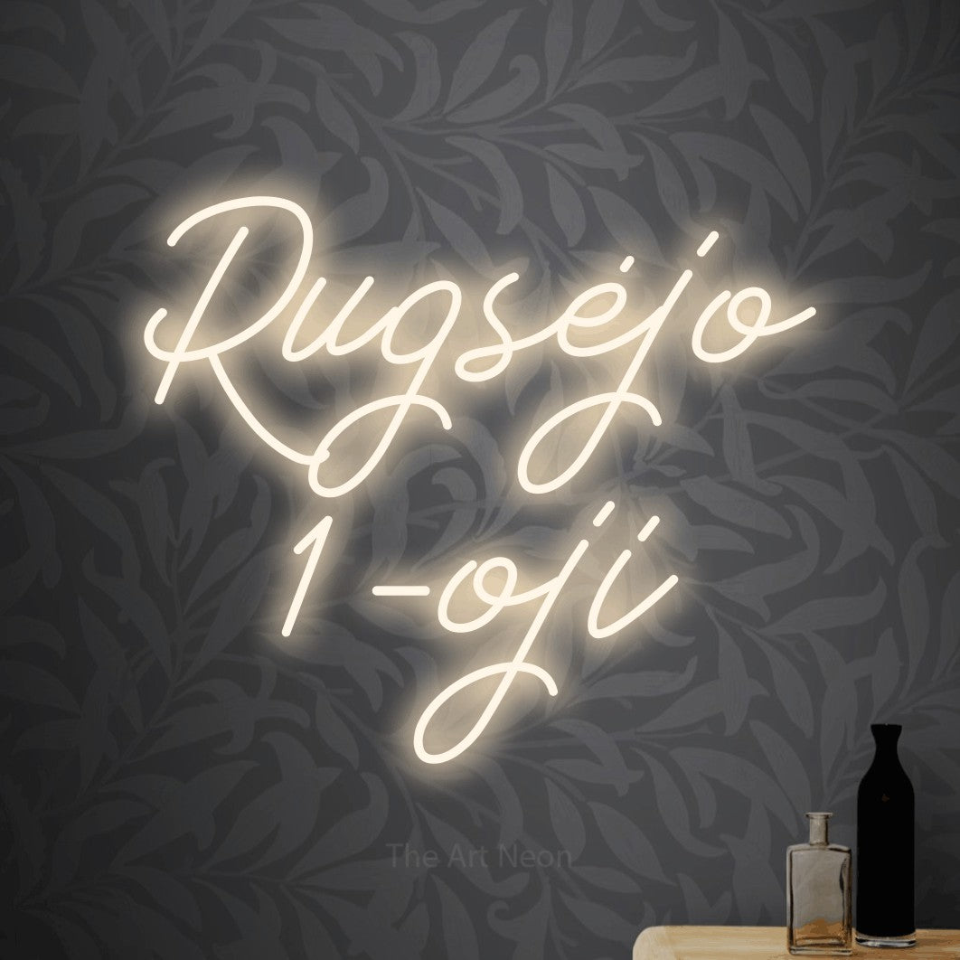 LED neon sign reading “Rugsėjo 1-oji”, arranged in two lines.