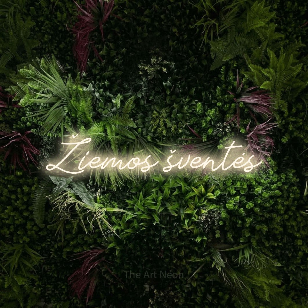 LED neon sign reading “Žiemos šventės”, arranged in a single line.