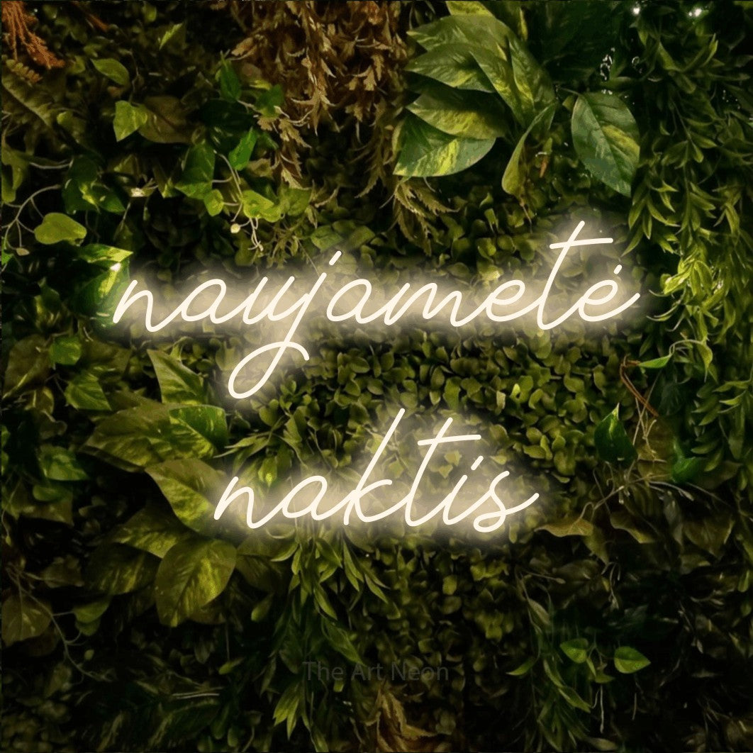 LED neon sign reading “naujametė naktis”, arranged in two lines.