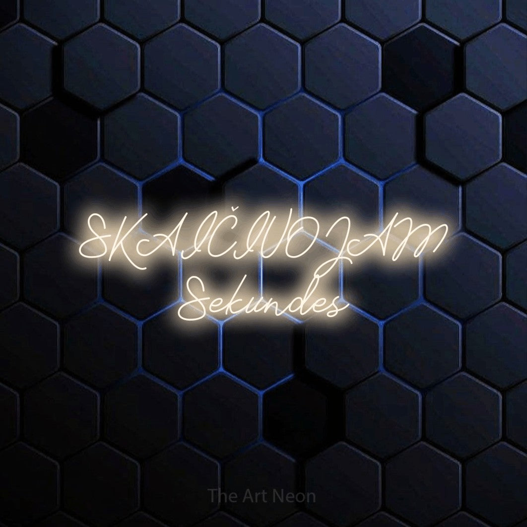 LED neon sign reading “SKAIČIUOJAM Sekundes”, arranged in two lines.