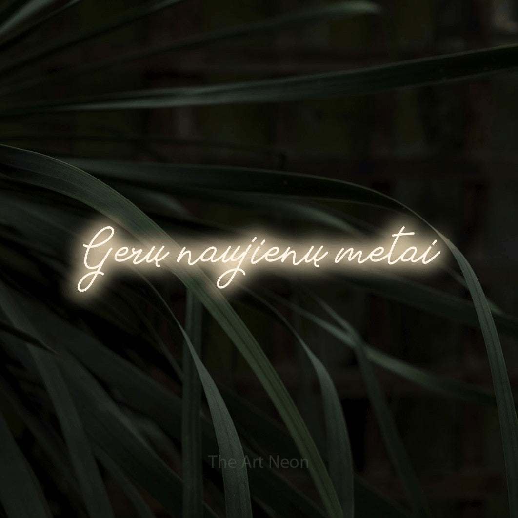 LED neon sign reading “Gerų naujienų metai”, arranged in a single line.