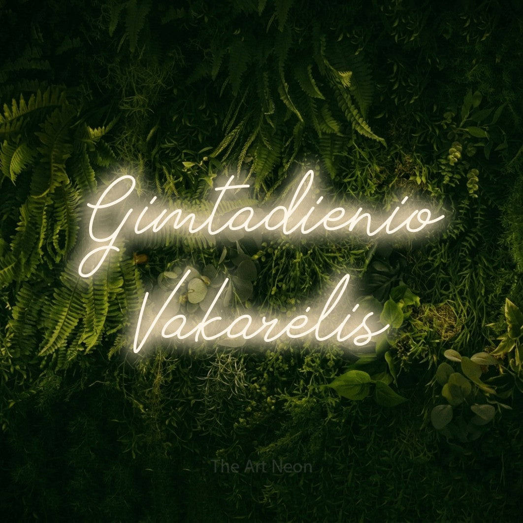 LED neon sign reading “Gimtadienio Vakarėlis”, arranged in two lines.