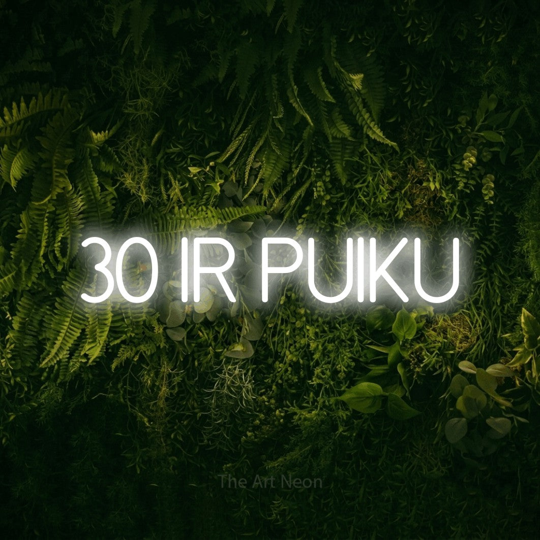 LED neon sign reading “30 ir puiku”, arranged in a single line.