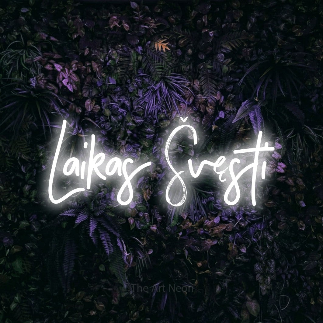 LED neon sign reading “Laikas Švęsti”, arranged in a single line.