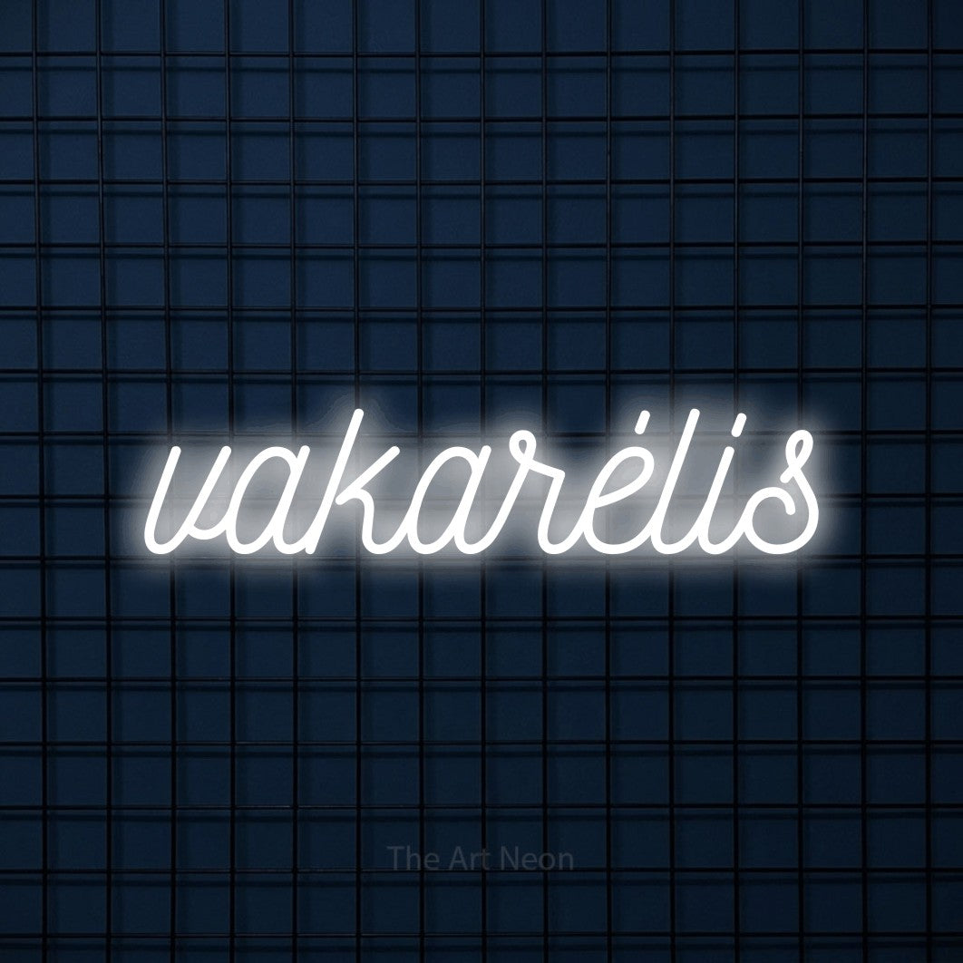 LED neon sign reading “vakarėlis”, arranged in a single line.