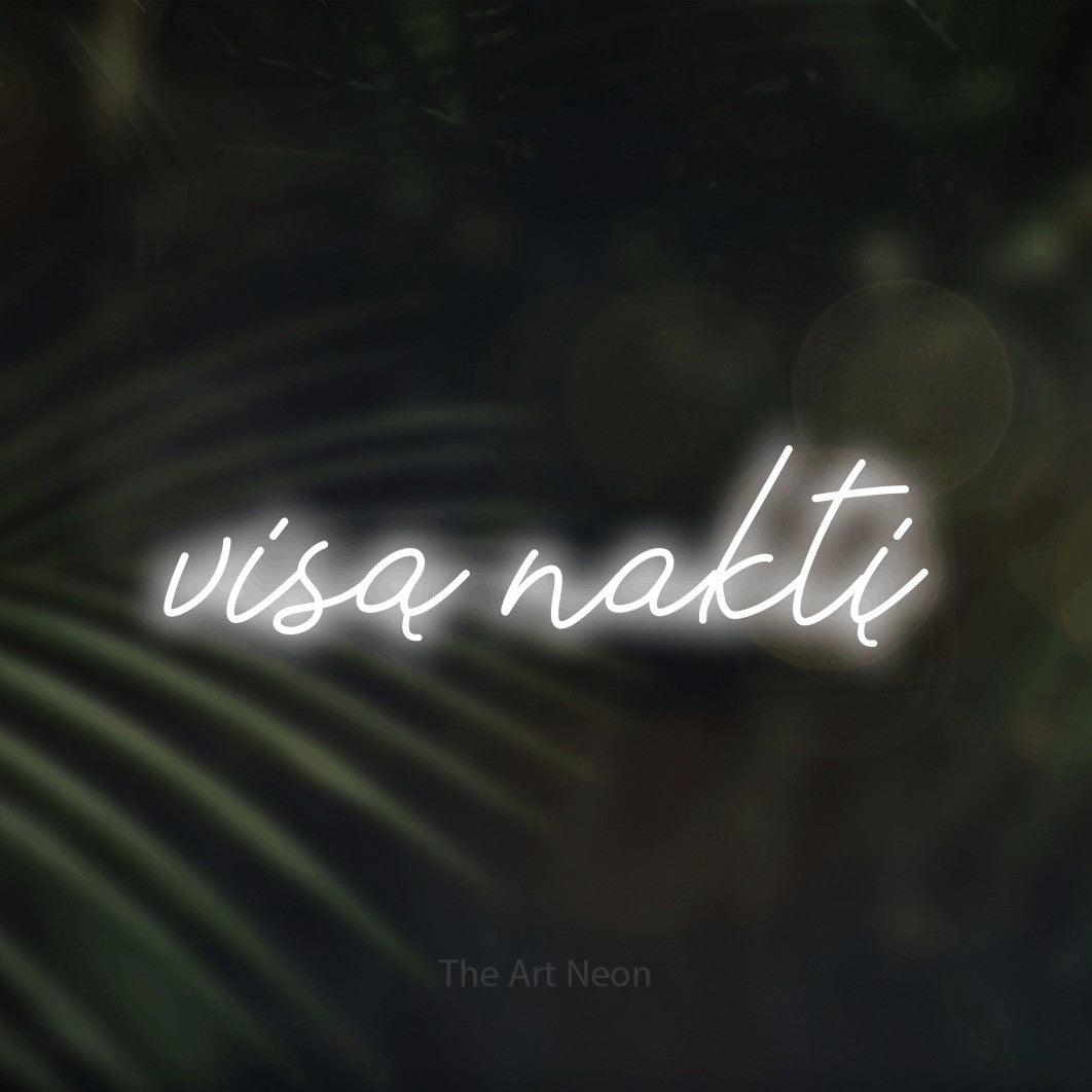 LED neon sign reading “visą naktį”, arranged in a single line.