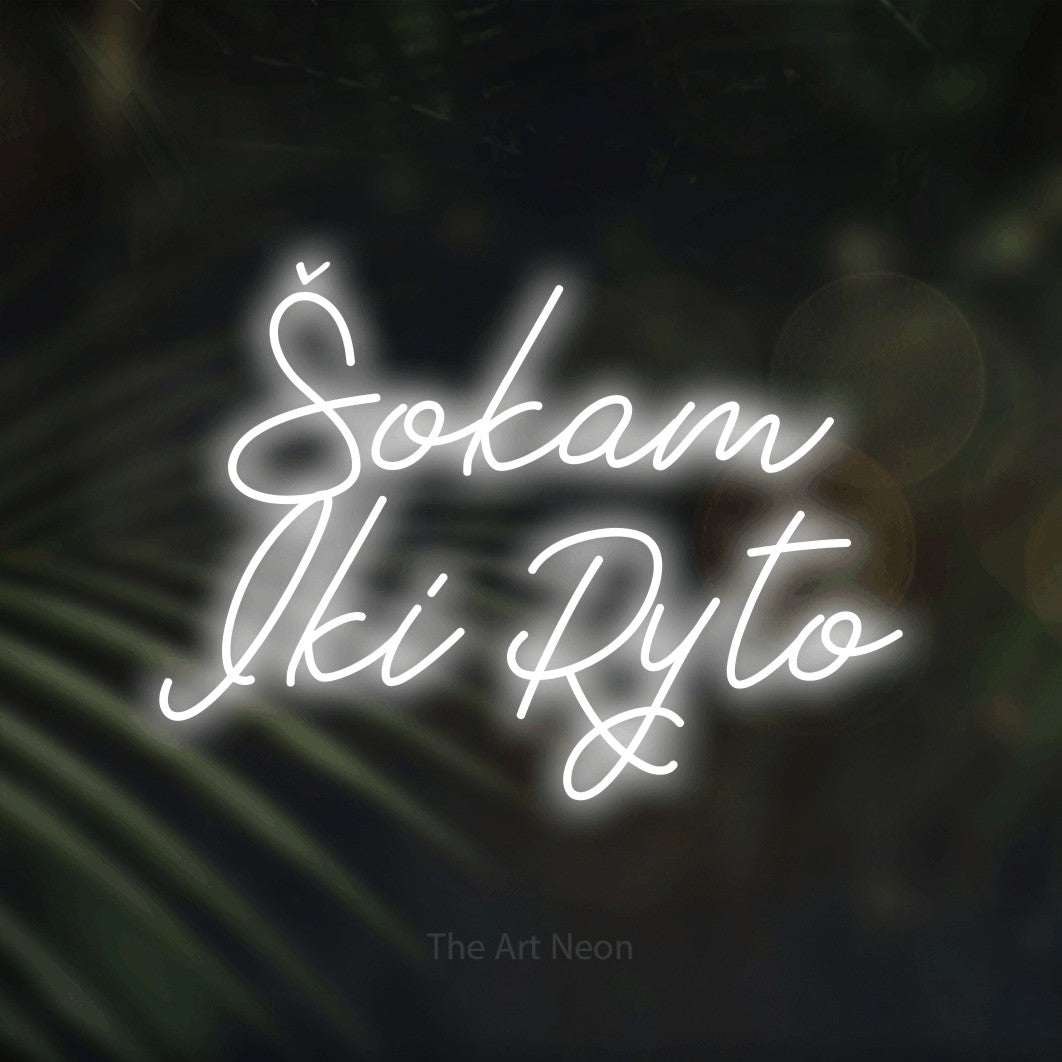 LED neon sign reading “Šokam Iki Ryto”, arranged in two lines.