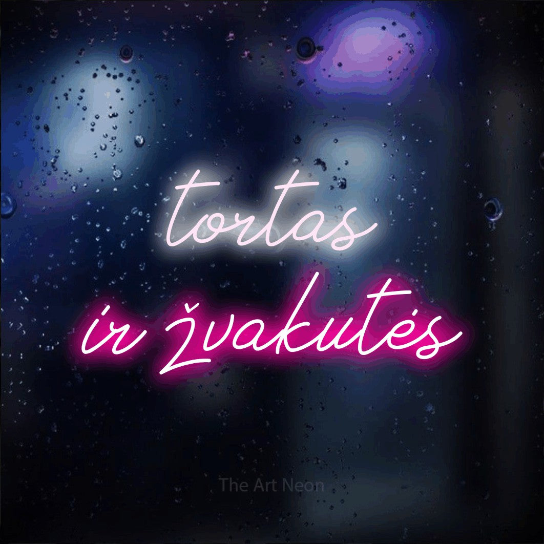 LED neon sign reading “tortas ir žvakutės”, arranged in two lines.