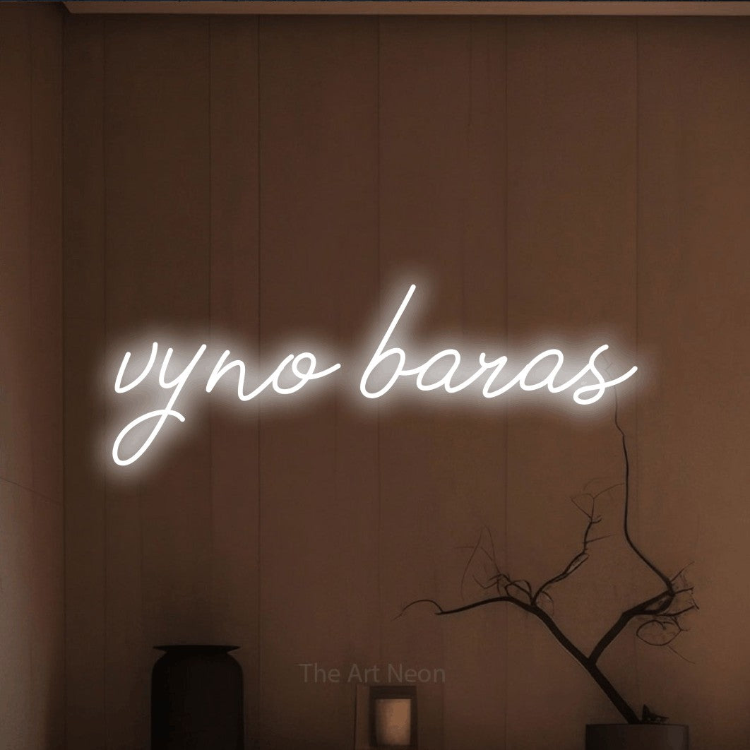 LED neon sign reading “vyno baras”, arranged in a single line.