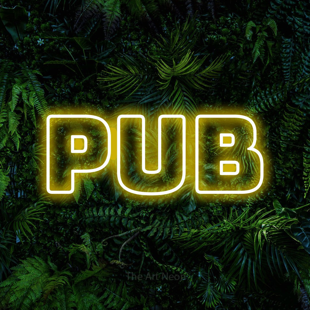 LED neon sign reading “PUB”, arranged in a single line.