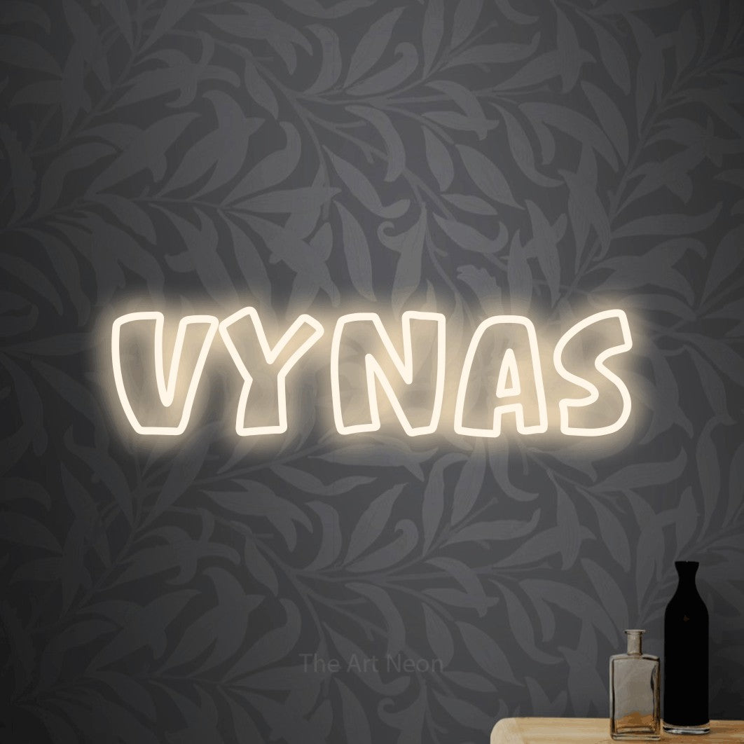 LED neon sign reading “VYNAS”, arranged in a single line.