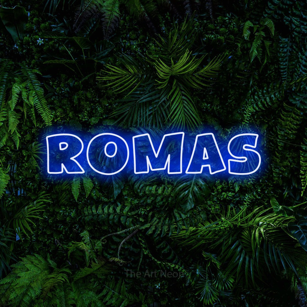 LED neon sign reading “Romas”, arranged in a single line.