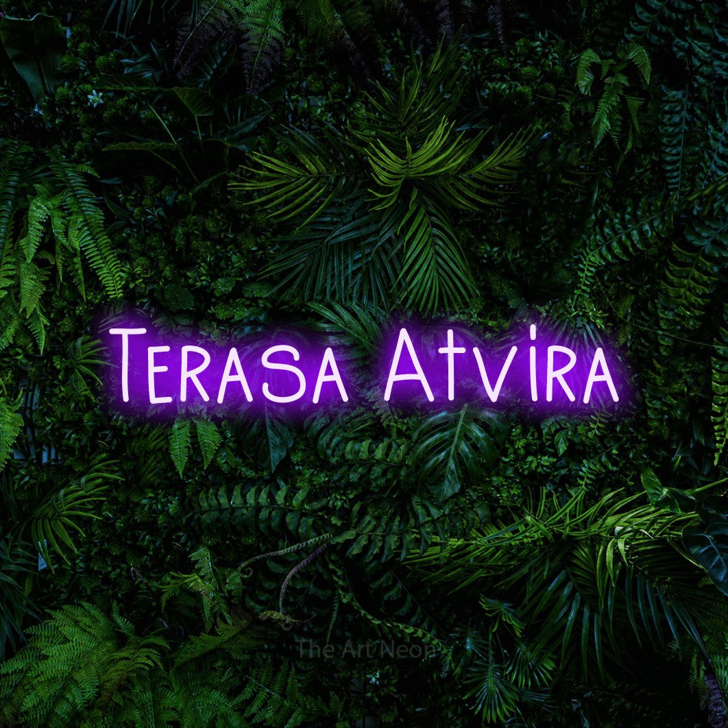 LED neon sign reading “Terasa Atvira”, arranged in a single line.