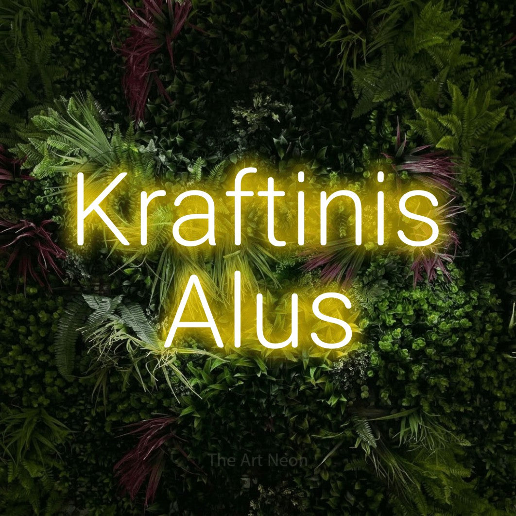 LED neon sign reading “Kraftinis Alus”, arranged in two lines.