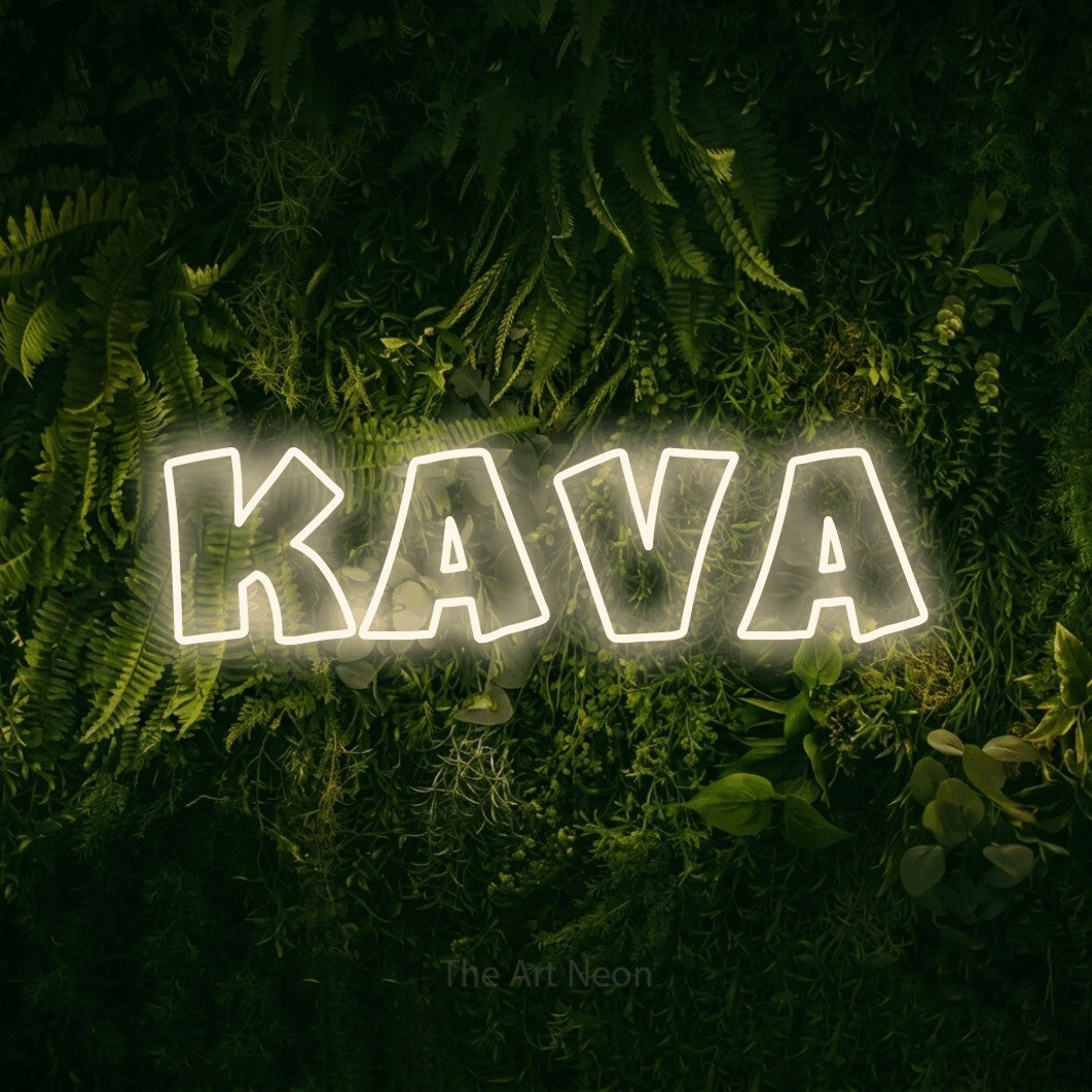 LED neon sign reading “Kava”, arranged in a single line.