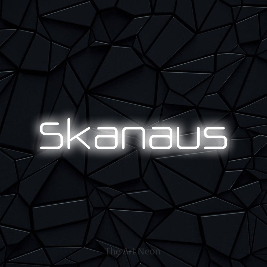 LED neon sign reading “Skanaus”, arranged in a single line.