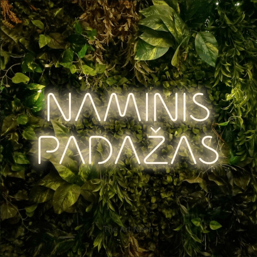 LED neon sign reading “NAMINIS PADAŽAS”, arranged in two lines.