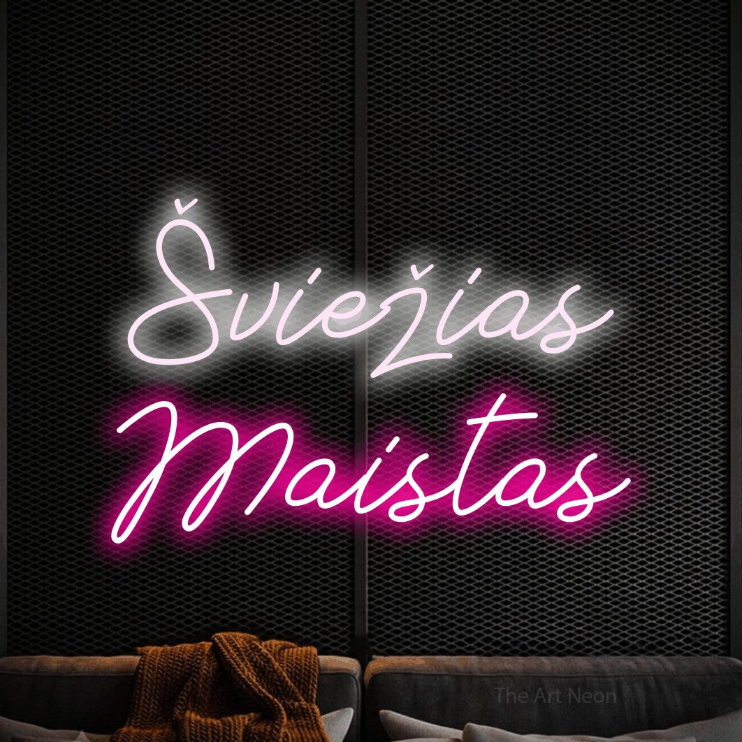 LED neon sign reading “Šviežias Maistas”, arranged in two lines.