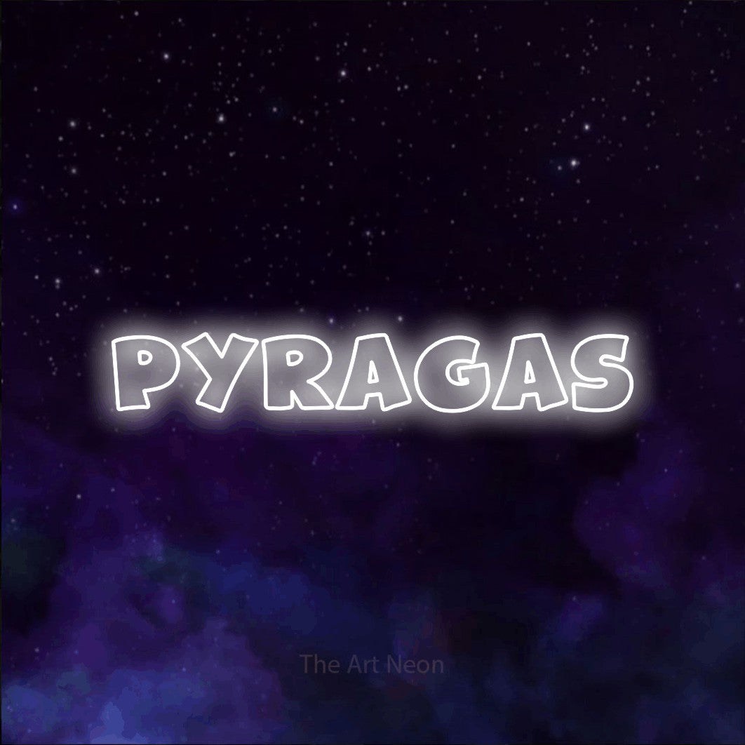 LED neon sign reading “pyragas”, arranged in a single line.