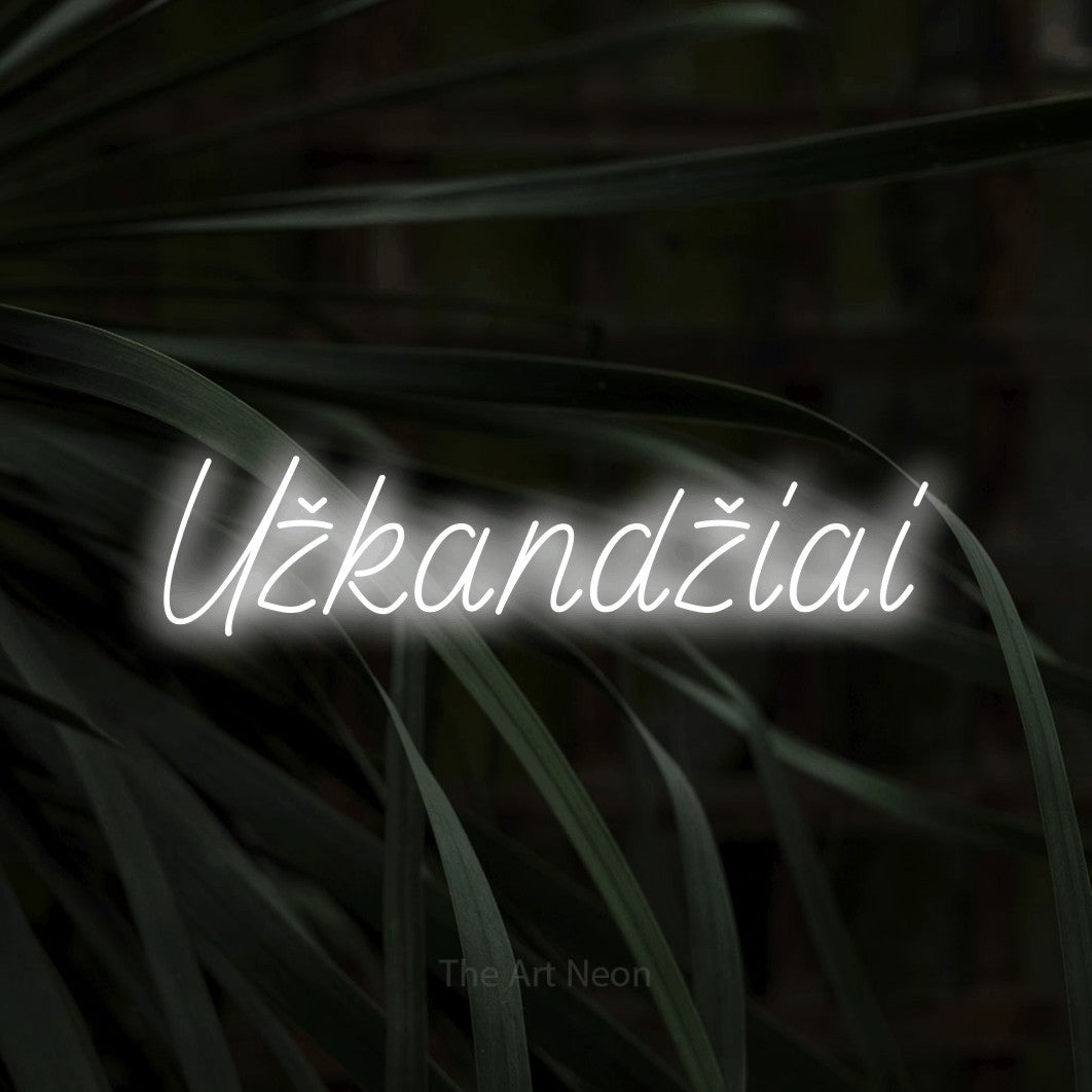 LED neon sign reading “Užkandžiai”, arranged in a single line.
