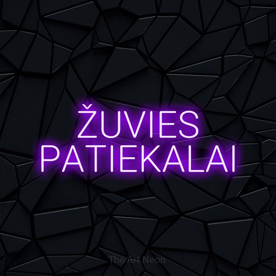 LED neon sign reading “ŽUVIES PATIEKALAI”, arranged in two lines.