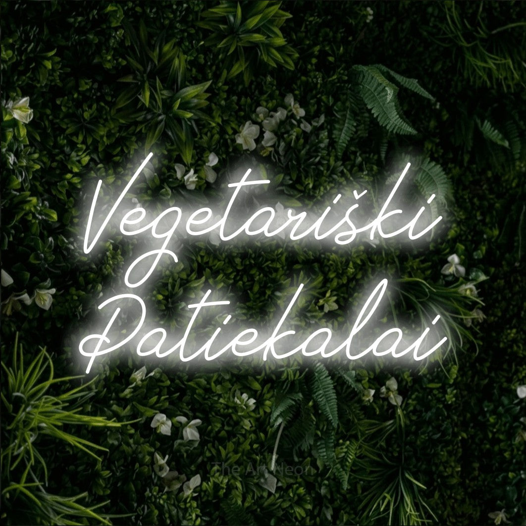 LED neon sign reading “Vegetariški Patiekalai”, arranged in two lines.