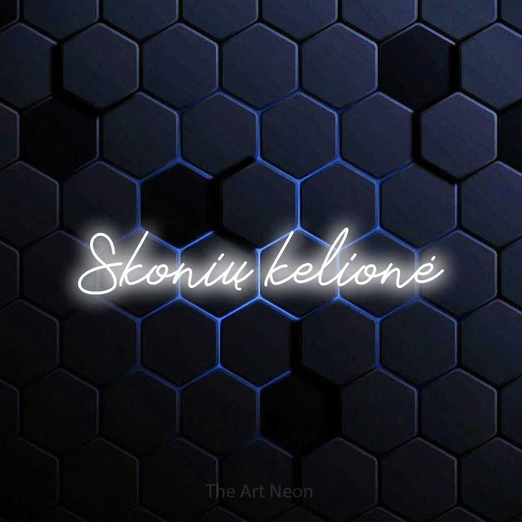 LED neon sign reading “Skonių kelionė”, arranged in a single line.