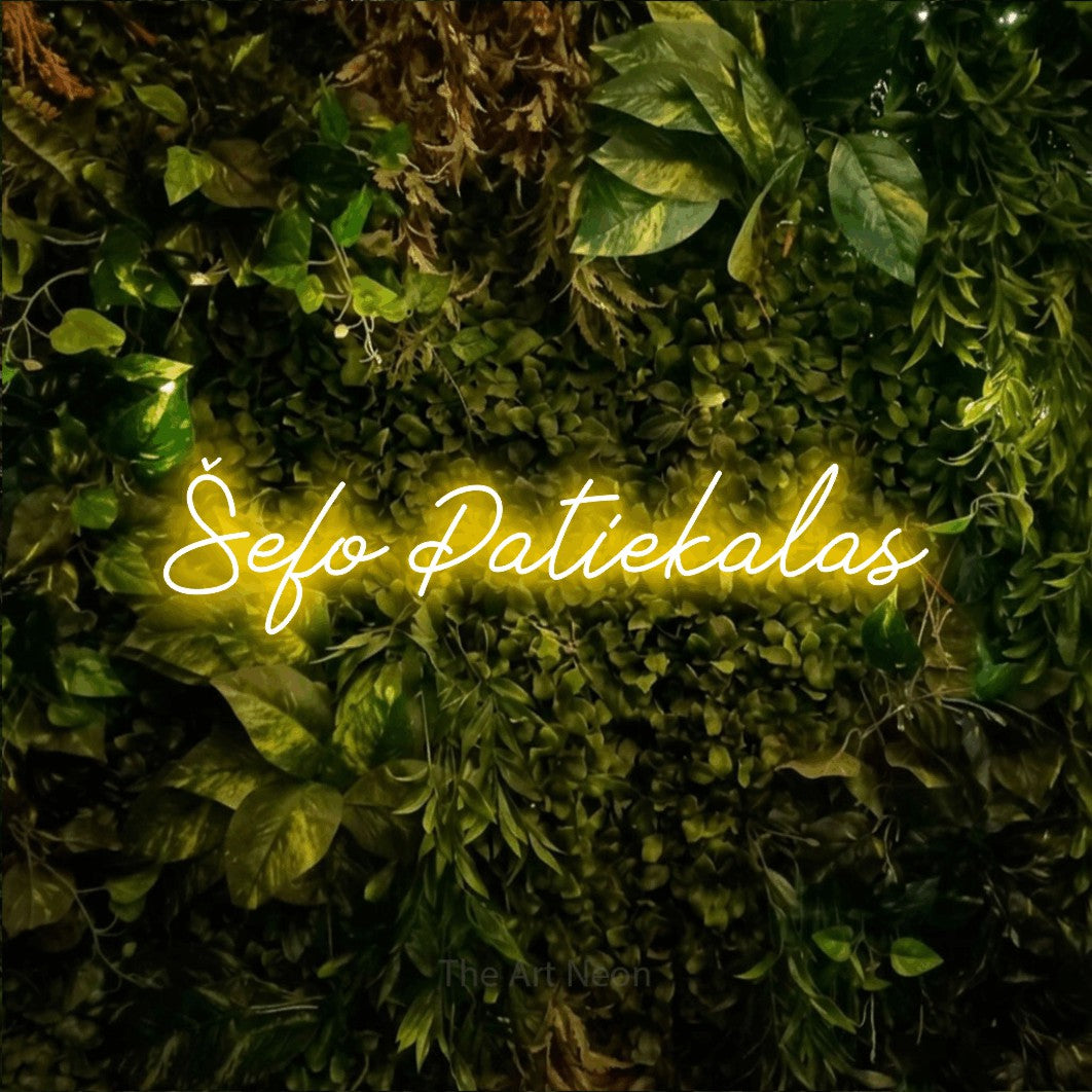LED neon sign reading “Šefo Patiekalas”, arranged in a single line.