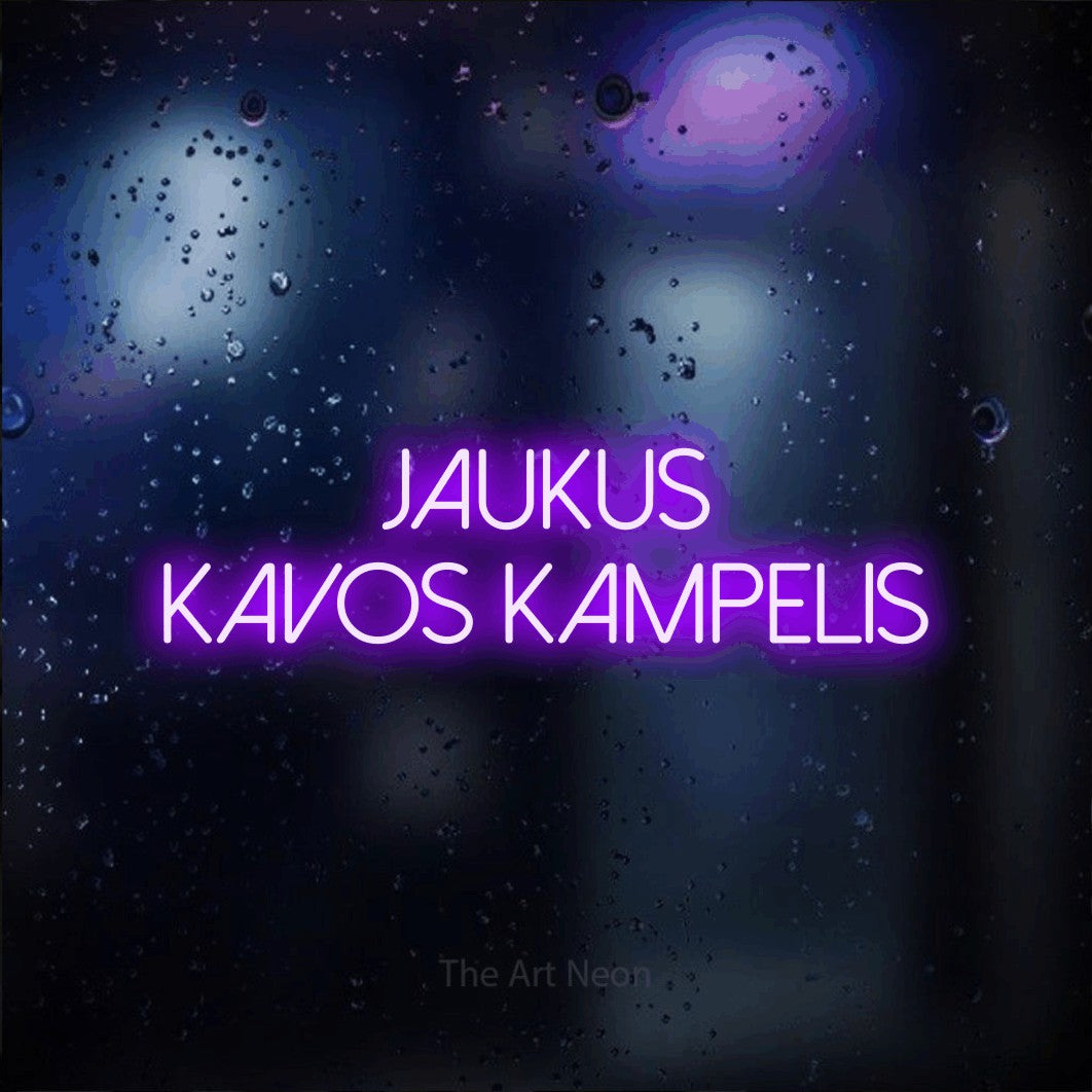 LED neon sign reading “jaukus kavos kampelis”, arranged in two lines.