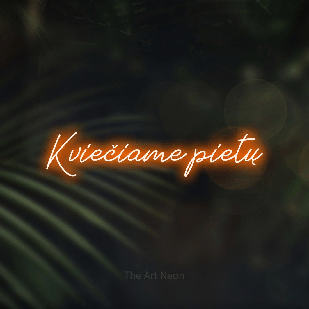 LED neon sign reading “Kviečiame pietų”, arranged in a single line.