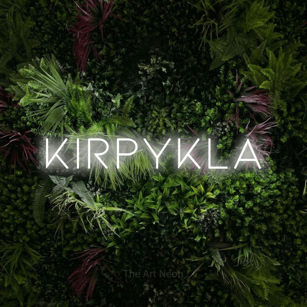 LED neon sign reading “Kirpykla”, arranged in a single line.