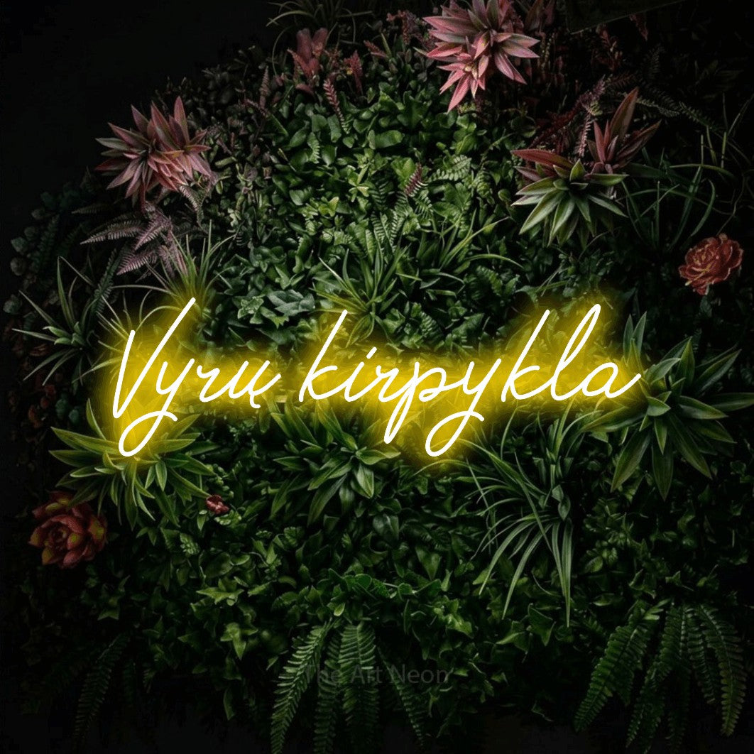 LED neon sign reading “Vyrų kirpykla”, arranged in a single line.