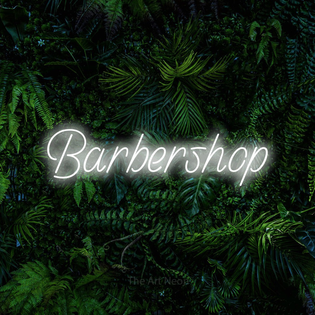 LED neon sign reading “Barbershop”, arranged in a single line.