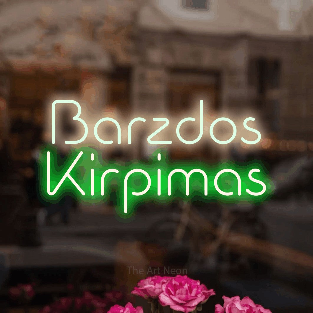 LED neon sign reading “Barzdos Kirpimas”, arranged in two lines.