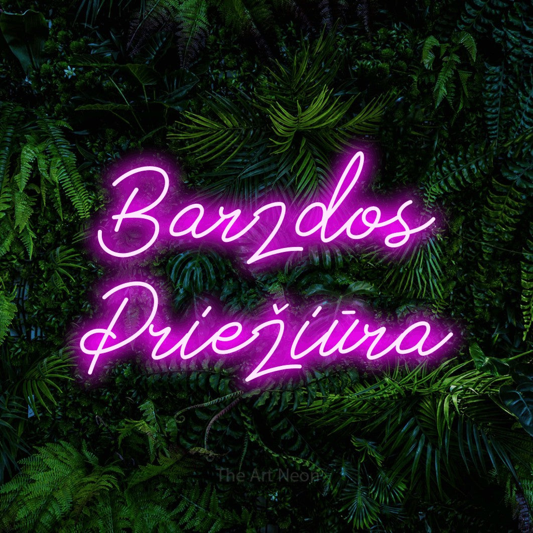 LED neon sign reading “Barzdos Priežiūra”, arranged in two lines.