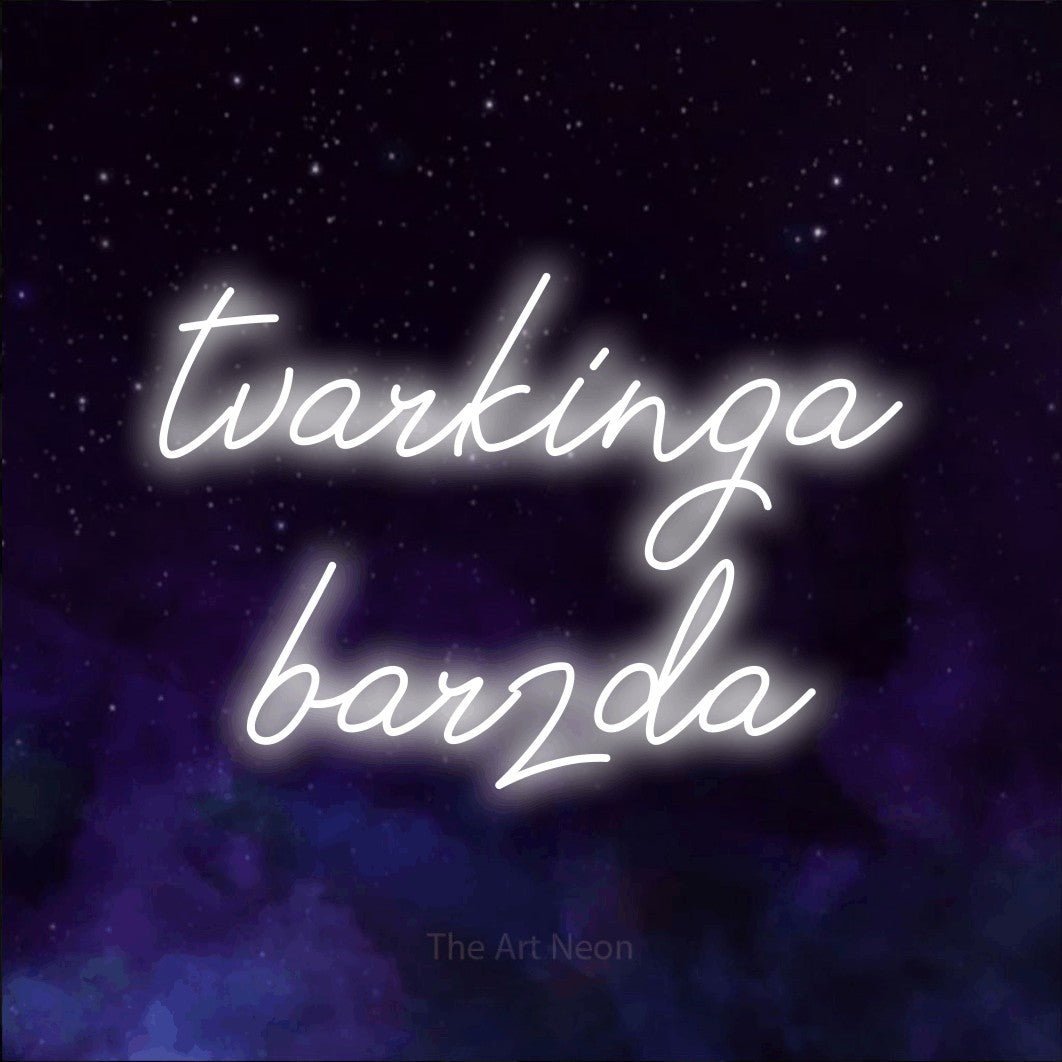 LED neon sign reading “tvarkinga barzda”, arranged in two lines.