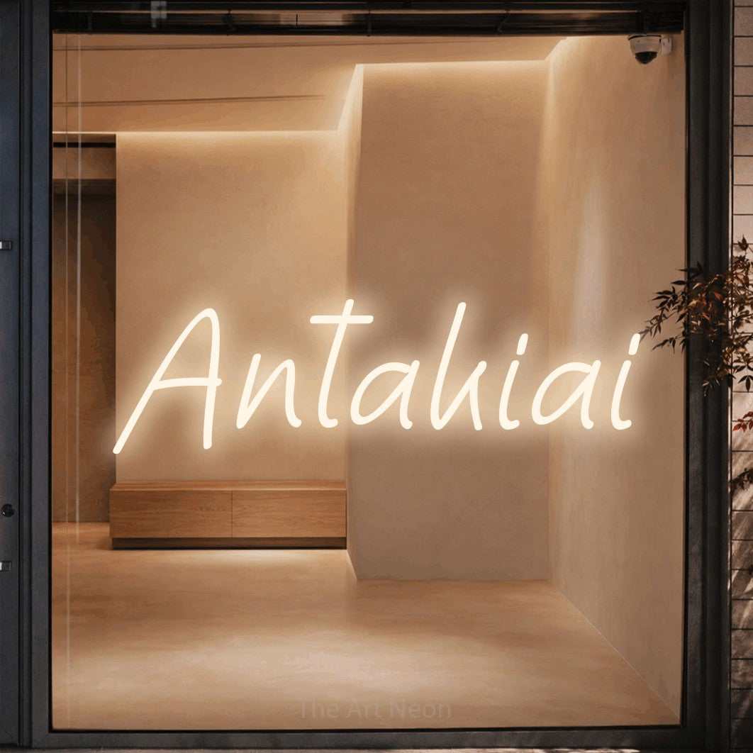LED neon sign reading “Antakiai”, arranged in a single line.