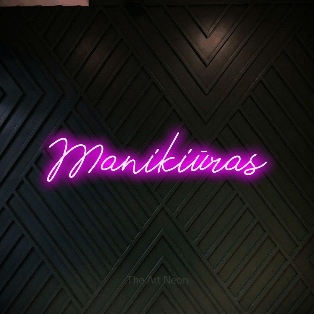 LED neon sign reading “Manikiūras”, arranged in a single line.